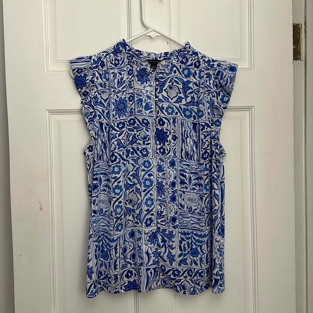 Tiled Mixed Media Ruffle Button Shell - image 4